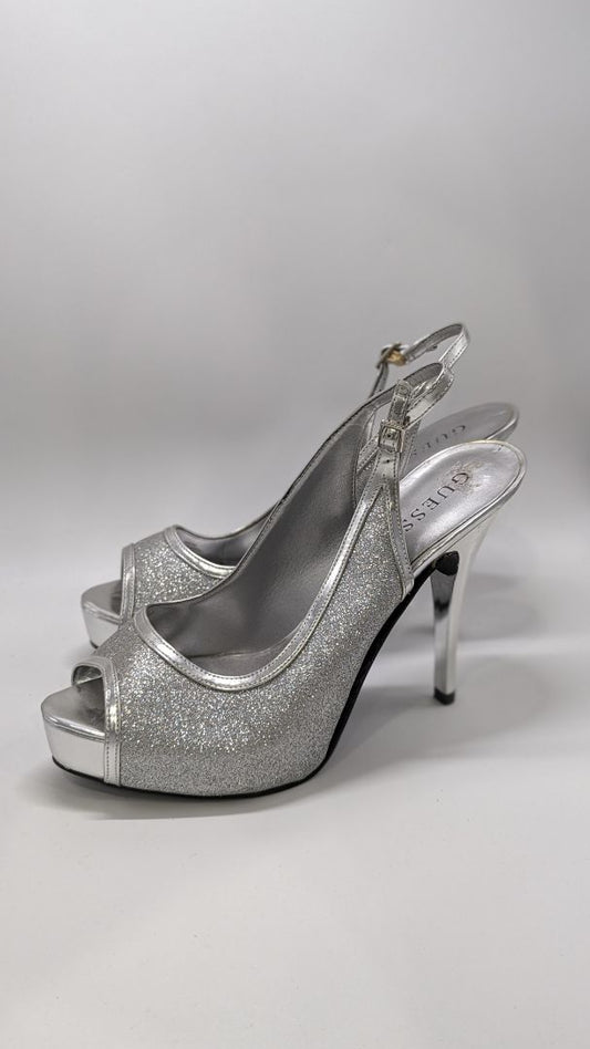 Guess Silver Glitter Sling Heels