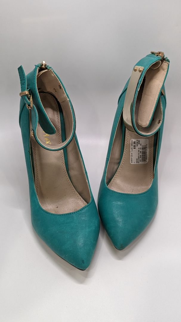 Liliana Teal Blue Gold Ankle Strap Heels