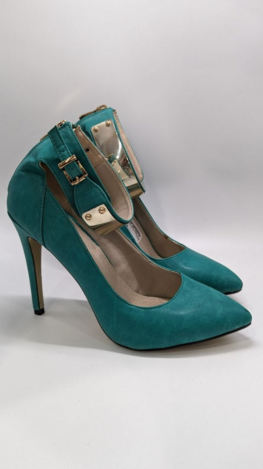 Liliana Teal Blue Gold Ankle Strap Heels