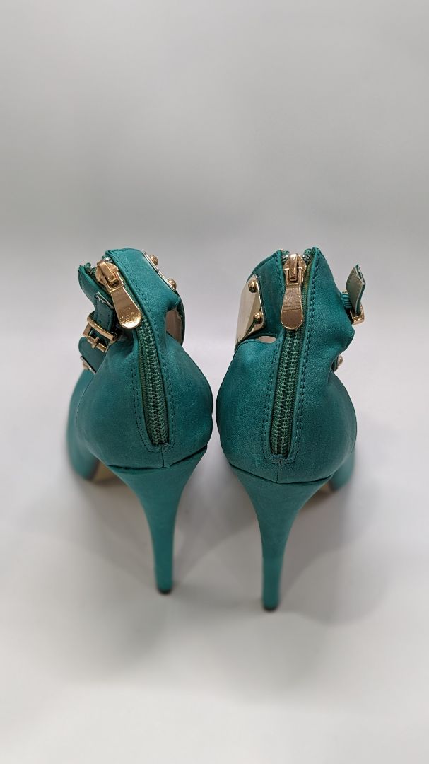 Liliana Teal Blue Gold Ankle Strap Heels