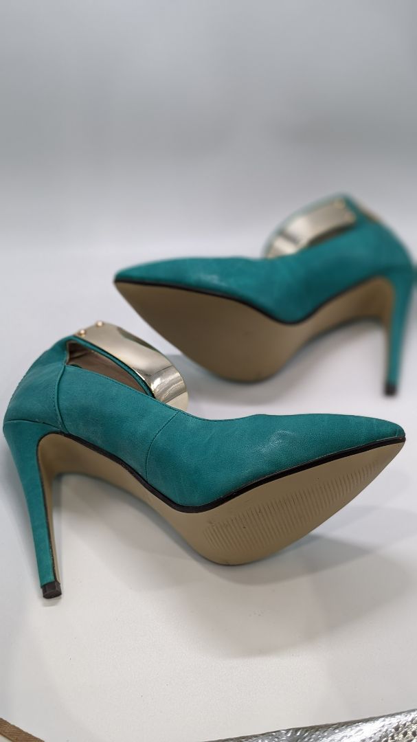 Liliana Teal Blue Gold Ankle Strap Heels