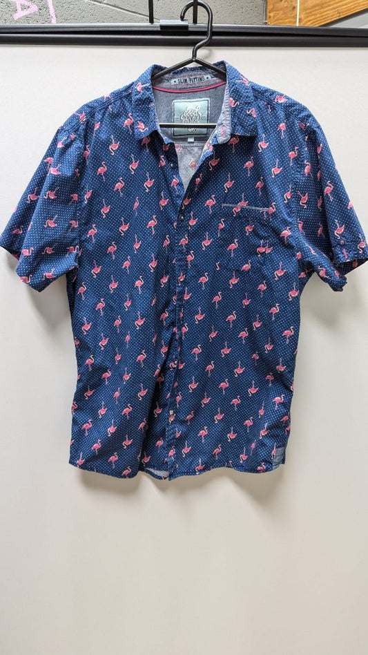 Good Vibes by Drill Blue Flamingo Button Up Shirt