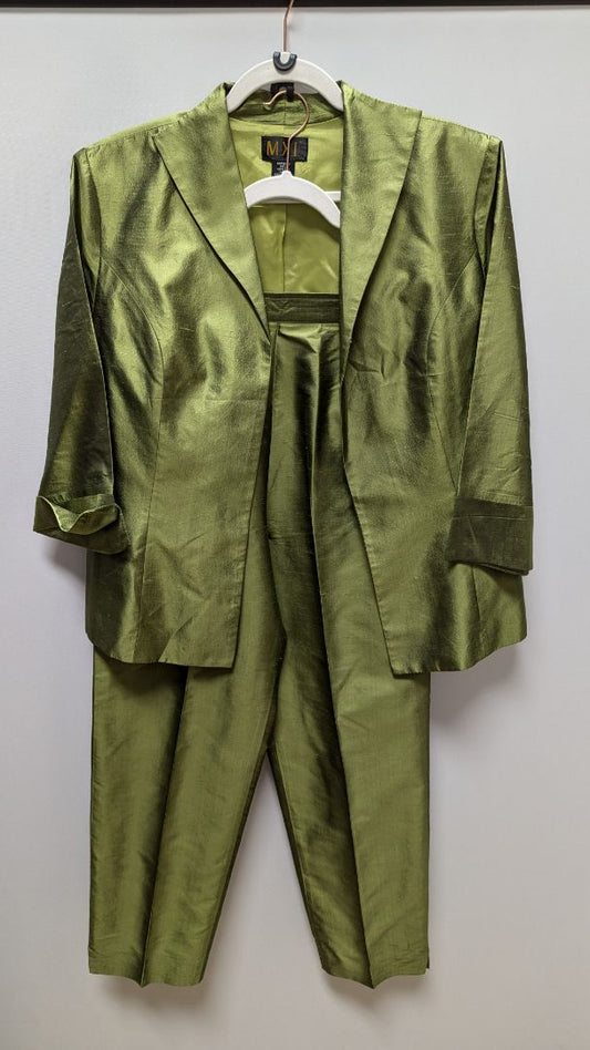 M.X.I Green Silk Blazer Pants Suit Set