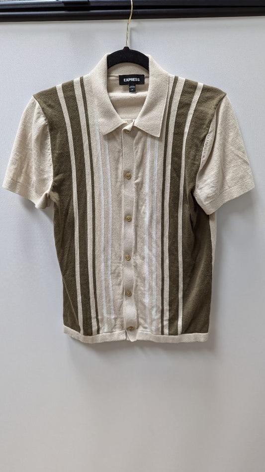 Express Men's Beige/Dark Green Striped Button Up Shirt