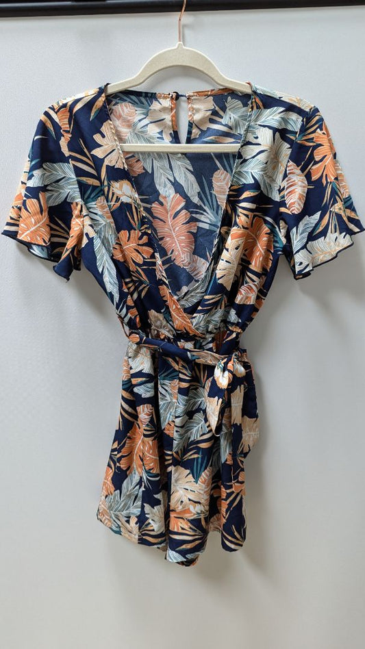 Cupshe Navy/Orange Floral Tie-Waist Romper