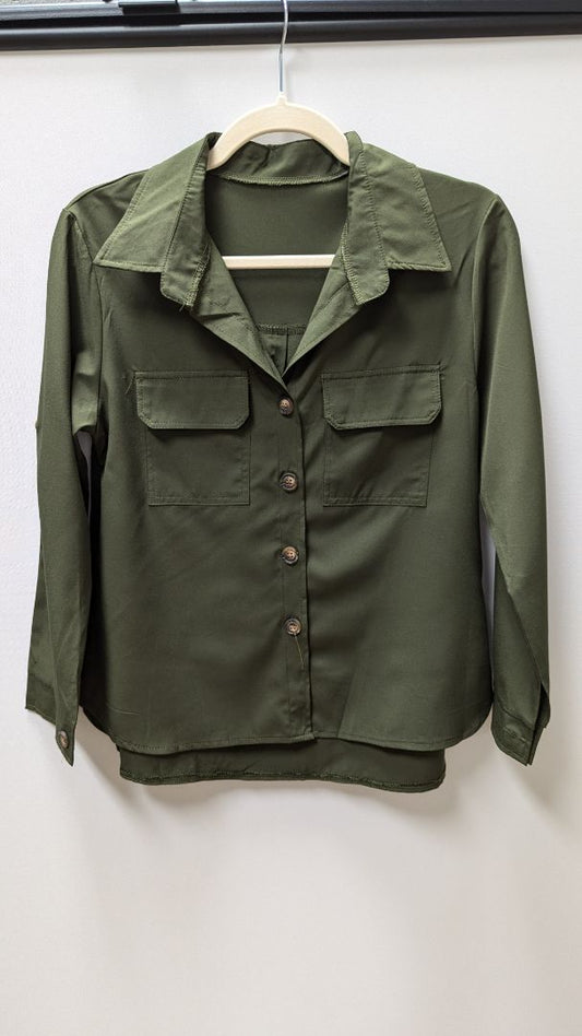 Dark Green Long Sleeve Button Up Blouse