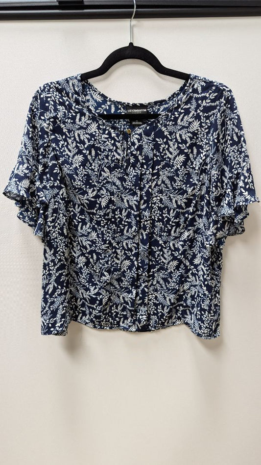 Liz Claiborne Navy/White Floral Ruffled Blouse