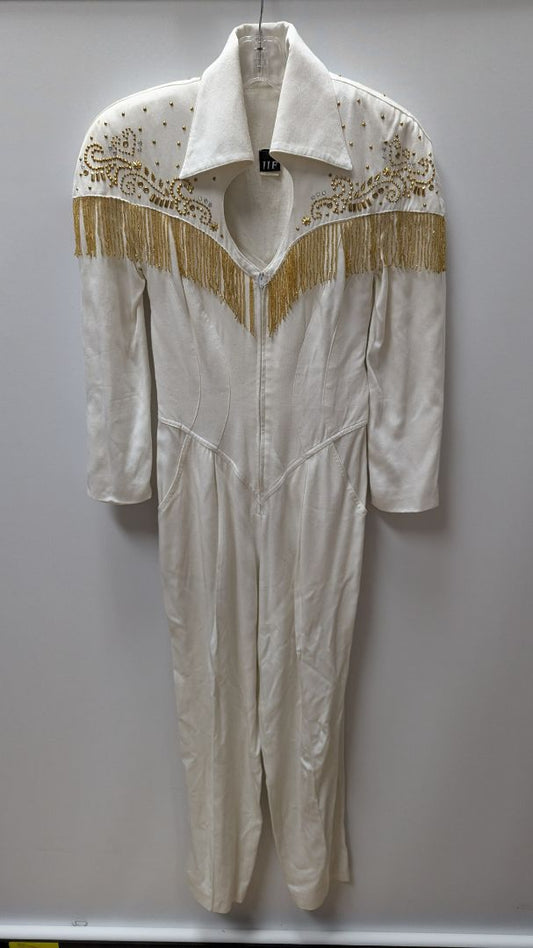 IIF Ivory/Gold Beaded Fringe Jumpsuit