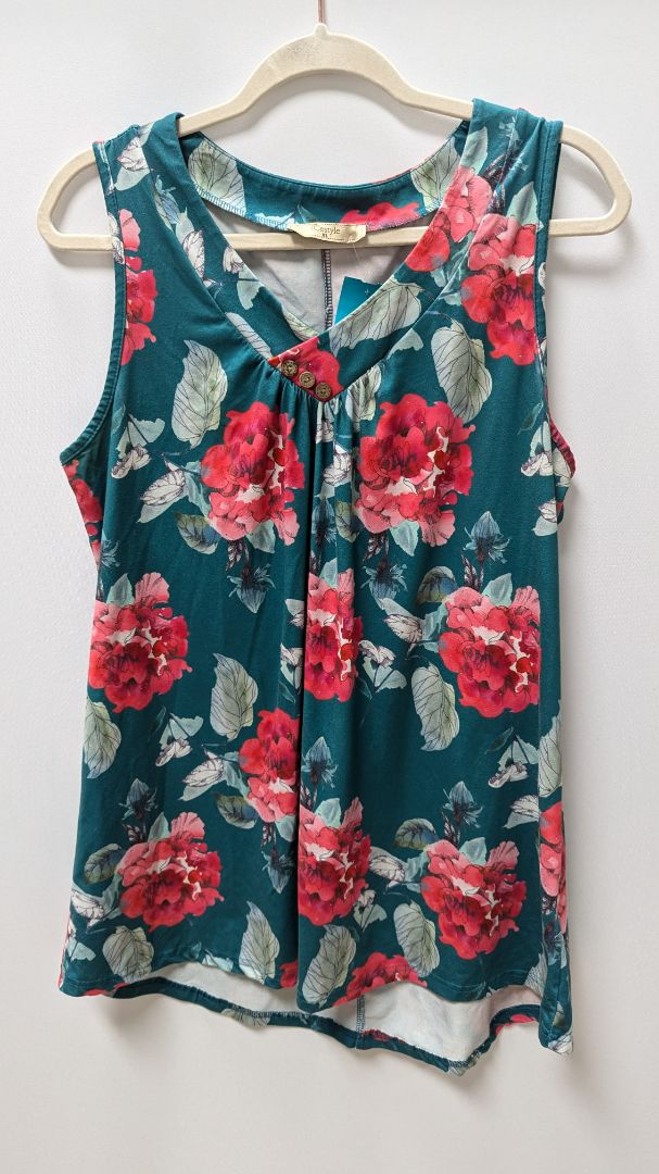 Cestyle Teal Blue/Red Floral Sleeveless Blouse