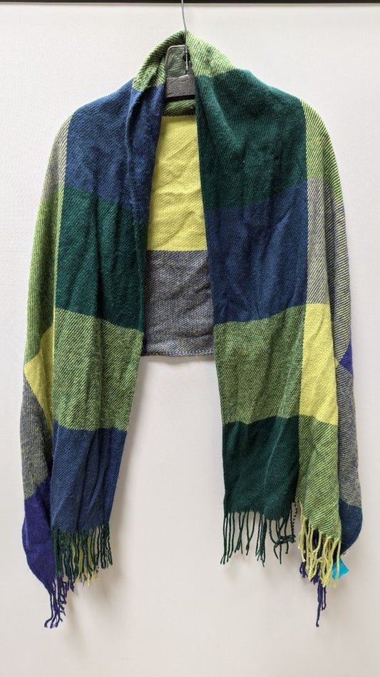 Green/Navy Plaid Knit Scarf with Tassels