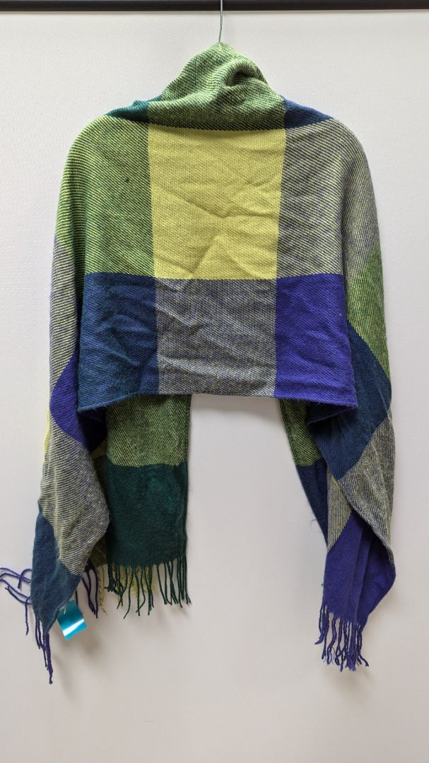 Green/Navy Plaid Knit Scarf with Tassels