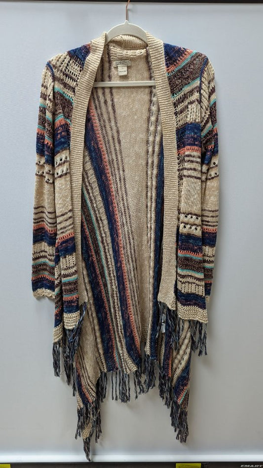 Lucky Brand Light Brown/Blue Striped Fringe Cardigan