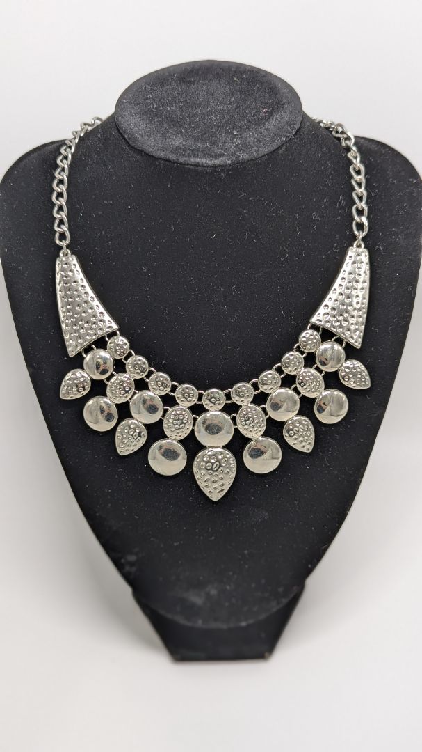 Silver Punched Metal Statement Necklace