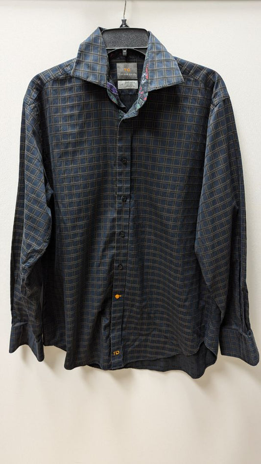 Thomas Dean Navy/Brown Plaid Button Up Shirt