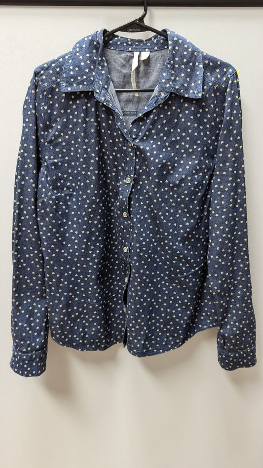 Lauren Conrad Dark Blue/Ivory Hearts Button Up Blouse