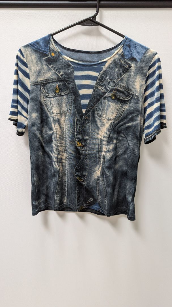 Blue Knit Denim Vest Patterned Tee