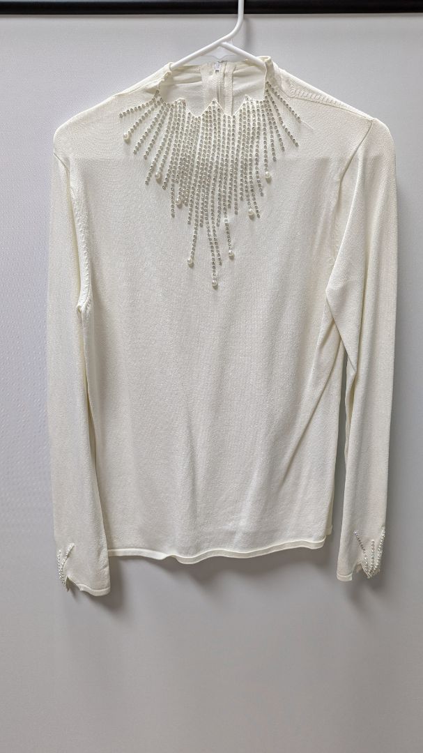 White Sequin Pearl Neckline Turtleneck Blouse