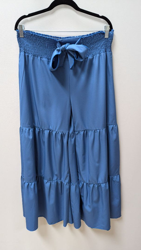 Blue Elastic Waist Ruffled Wide Leg Pants