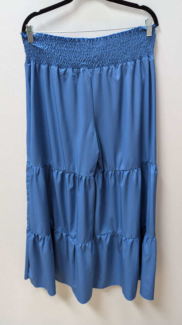 Blue Elastic Waist Ruffled Wide Leg Pants