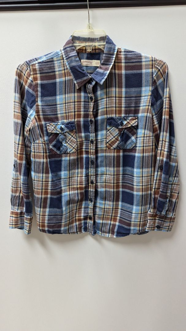 Faded Glory Blue/Orange Plaid Flannel Shirt