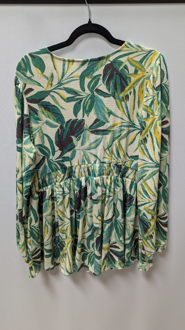 Torrid Light Green/Yellow Leaf Plunge Babydoll Blouse