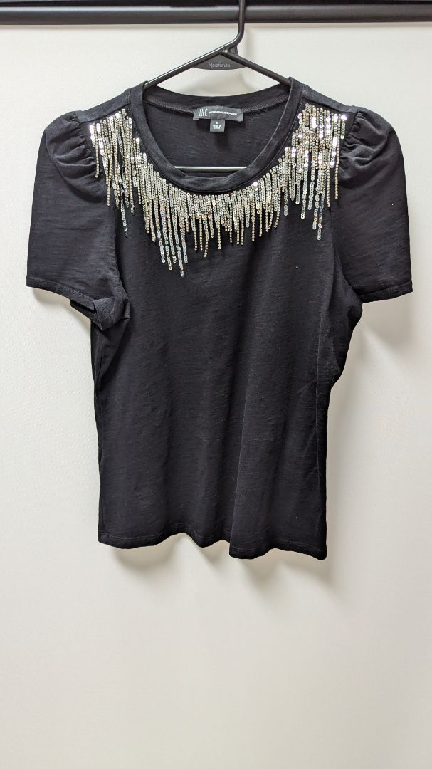 INC Black/Silver Sequin Neckline Tee