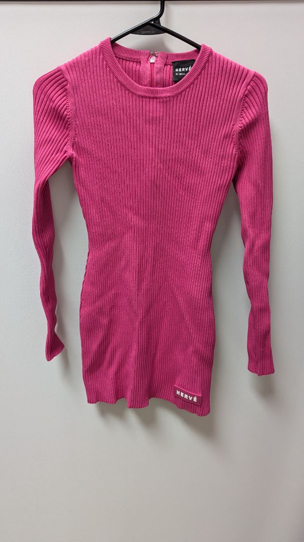 Herve Hot Pink Ribbed Sweater Mini Dress