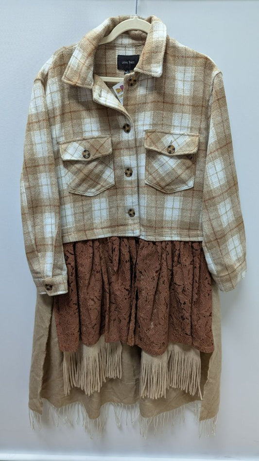 ImPerfect Tan Plaid & Lace Scarf Shacket with Fringe