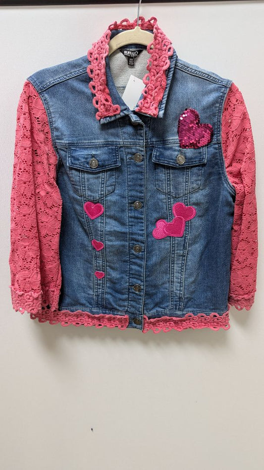 ImPerfect Medium Wash/Pink Denim & Lace Upcycled Jacket