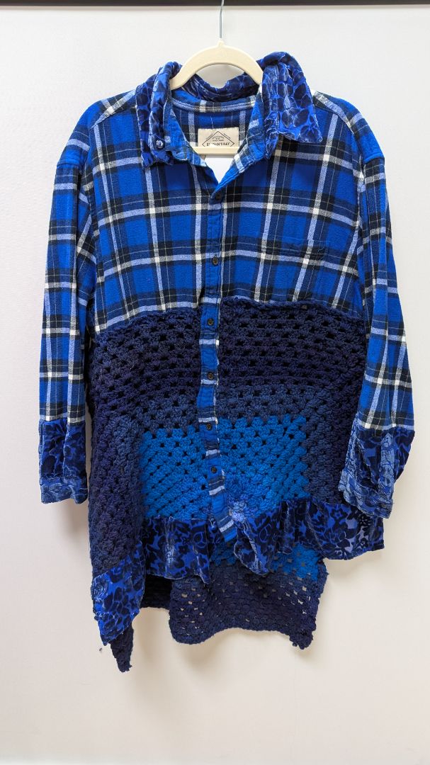 ImPerfect Blue/White Plaid Upcycled Crochet Flannel