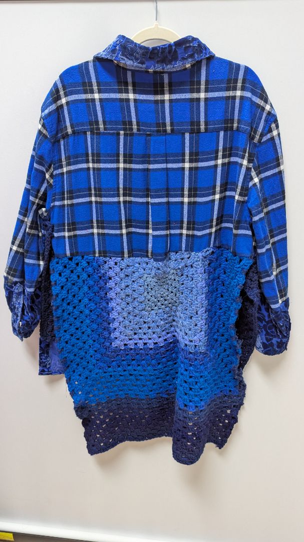 ImPerfect Blue/White Plaid Upcycled Crochet Flannel