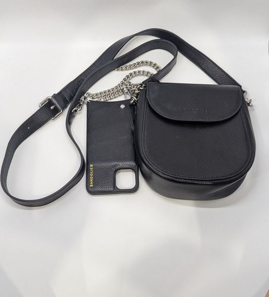 Bandolier Black Leather Crossbody Purse with Phone Case