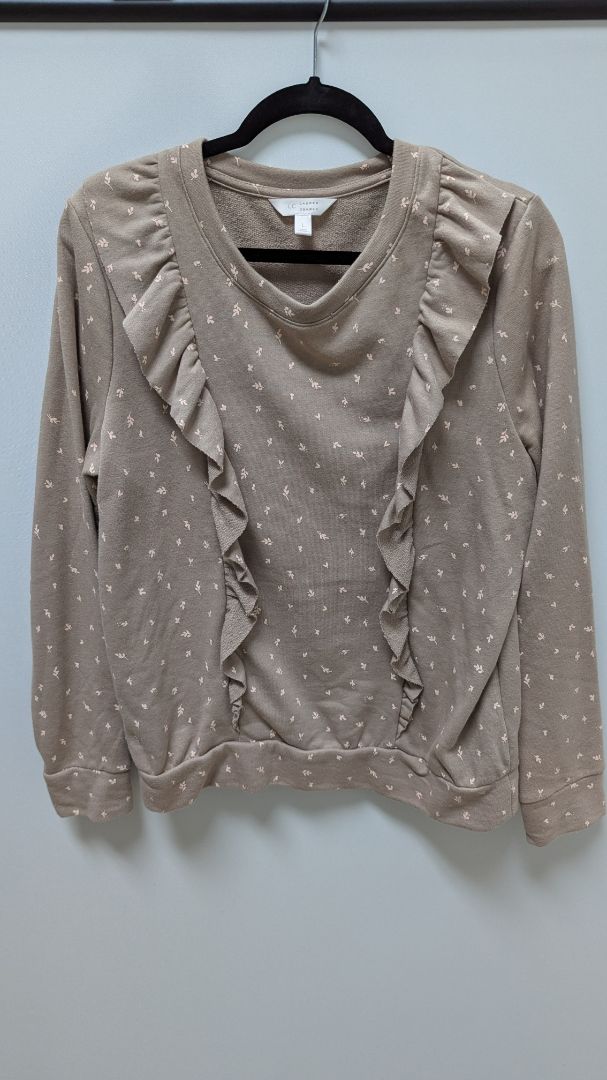 Lauren Conrad Brown/Pink Flower Patterned Ruffled Sweater