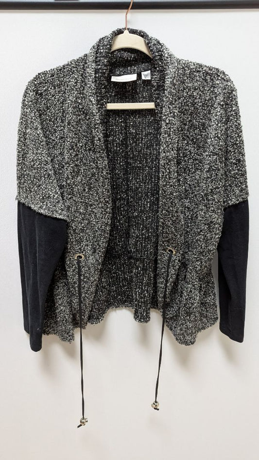 avenue Black/Grey Fuzzy Wool Drawstring Waist Cardigan