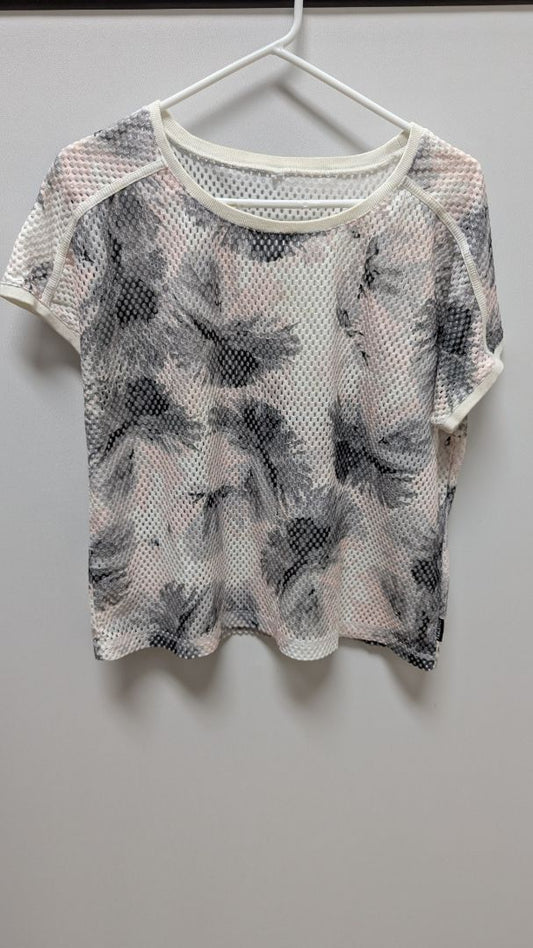 Fabletics Grey/Pink Patterned Mesh Cropped T-Shirt