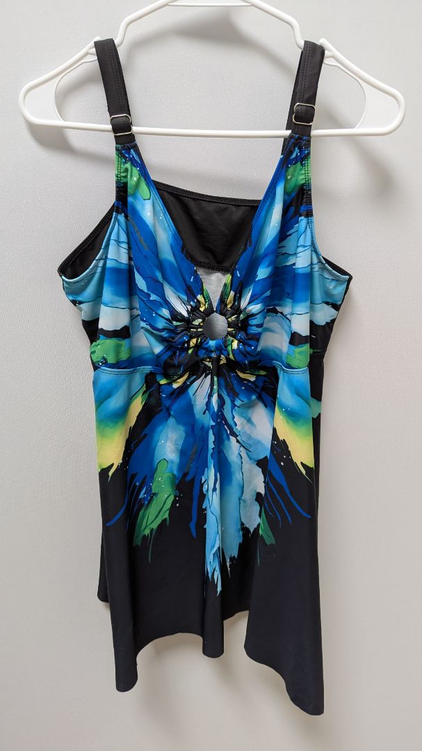 Black/Blue Splashed Pattern Tankini Swim Top