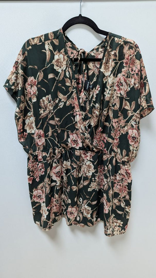 Torrid Dark Green/Pink Floral Faux-Wrap Blouse
