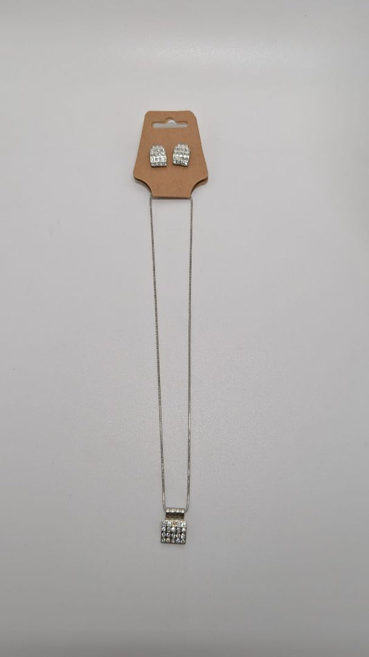 Vintage Silver Square Gemstone Pendant Necklace & Earrings Set