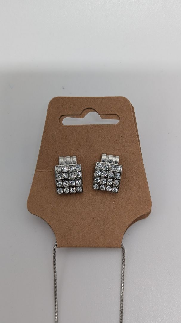 Vintage Silver Square Gemstone Pendant Necklace & Earrings Set