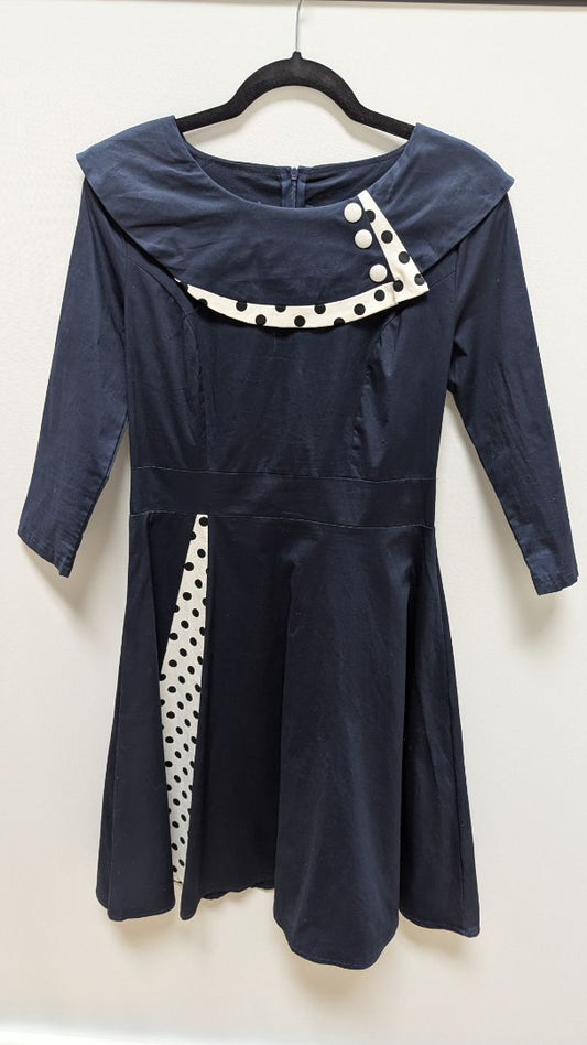 Navy/White Polka-Dot Trimmed Vintage Retro Dress