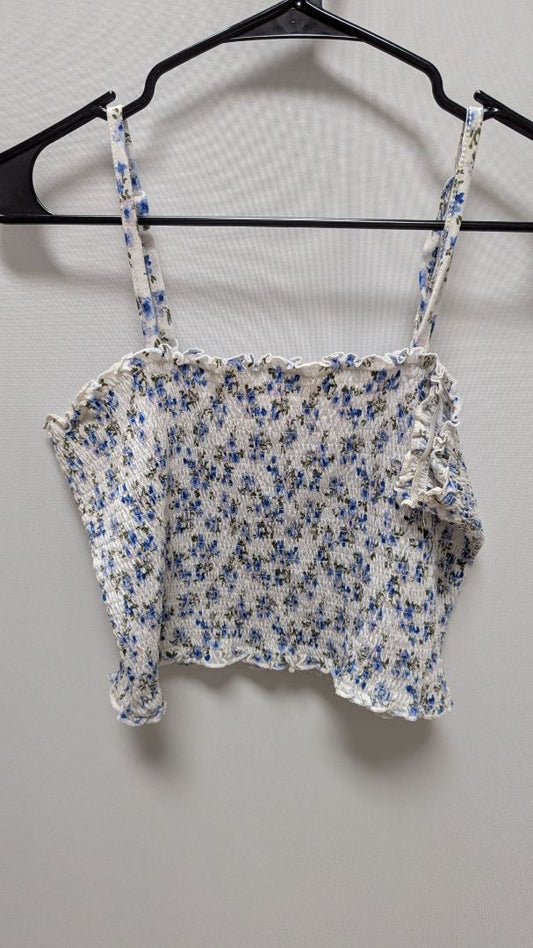 No Boundaries White/Blue Floral Ruched Cropped Tank