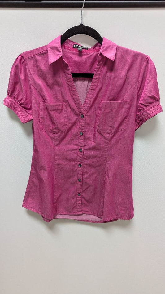 Express Pink Short-Sleeve Denim Button-Down Blouse