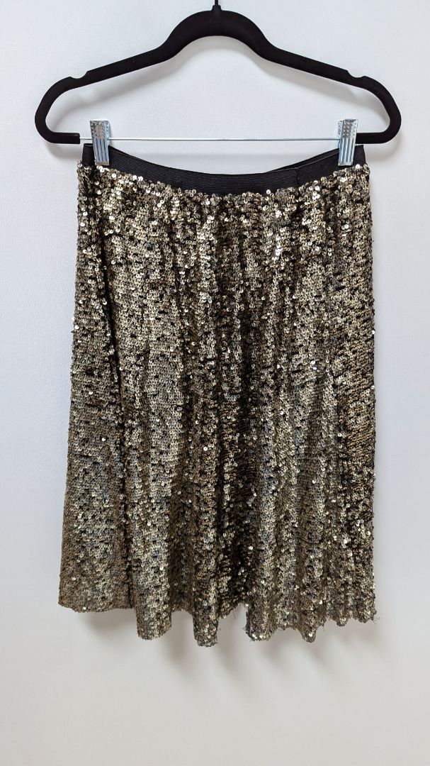 maEVe Gold Sequin Flared Midi Skirt