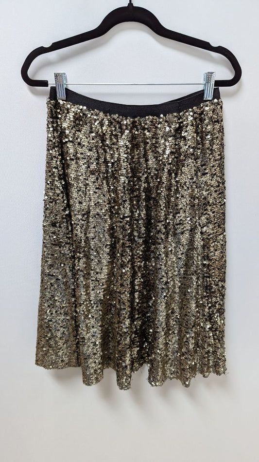 maEVe Gold Sequin Flared Midi Skirt