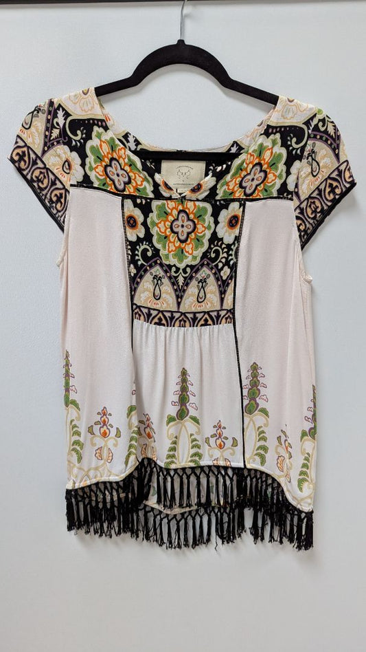 Vanessa Virgina by Anthropologie Ivory Paisley Tassel Blouse