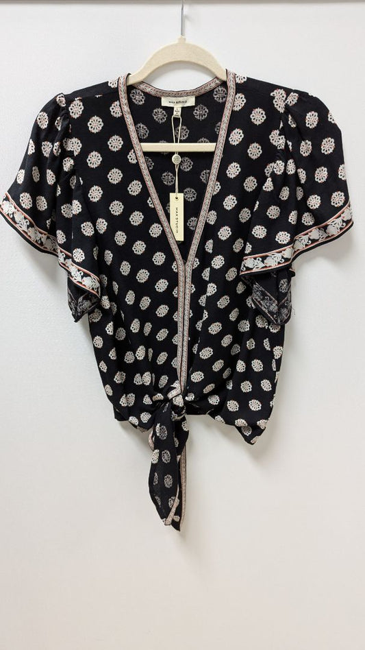 Max Studio Black Mandala Printed Tie-Front Blouse