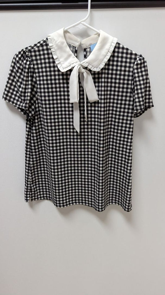 CeCe Black/White Plaid Neck-Bow Blouse