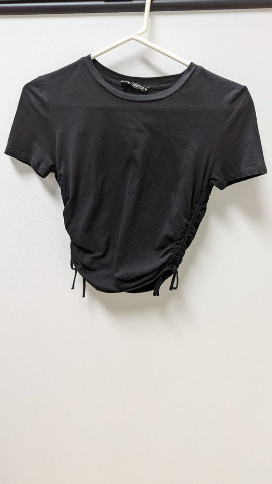 Zara Black Ruched-Sides Cropped T-Shirt