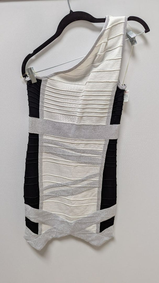 Wow Couture Black/White/Silver One-Shoulder Metallic Dress