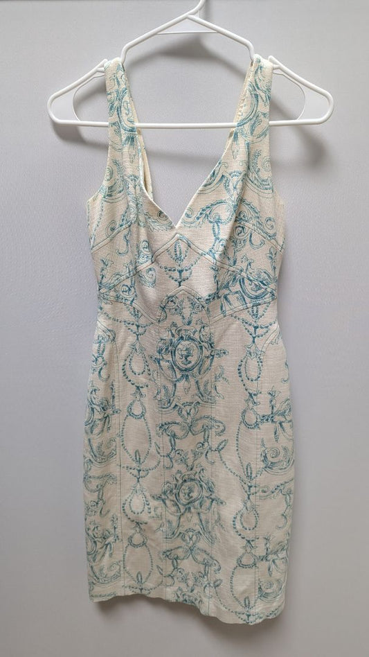 David Meister Ivory/Teal Elegant Printed Sleeveless Dress